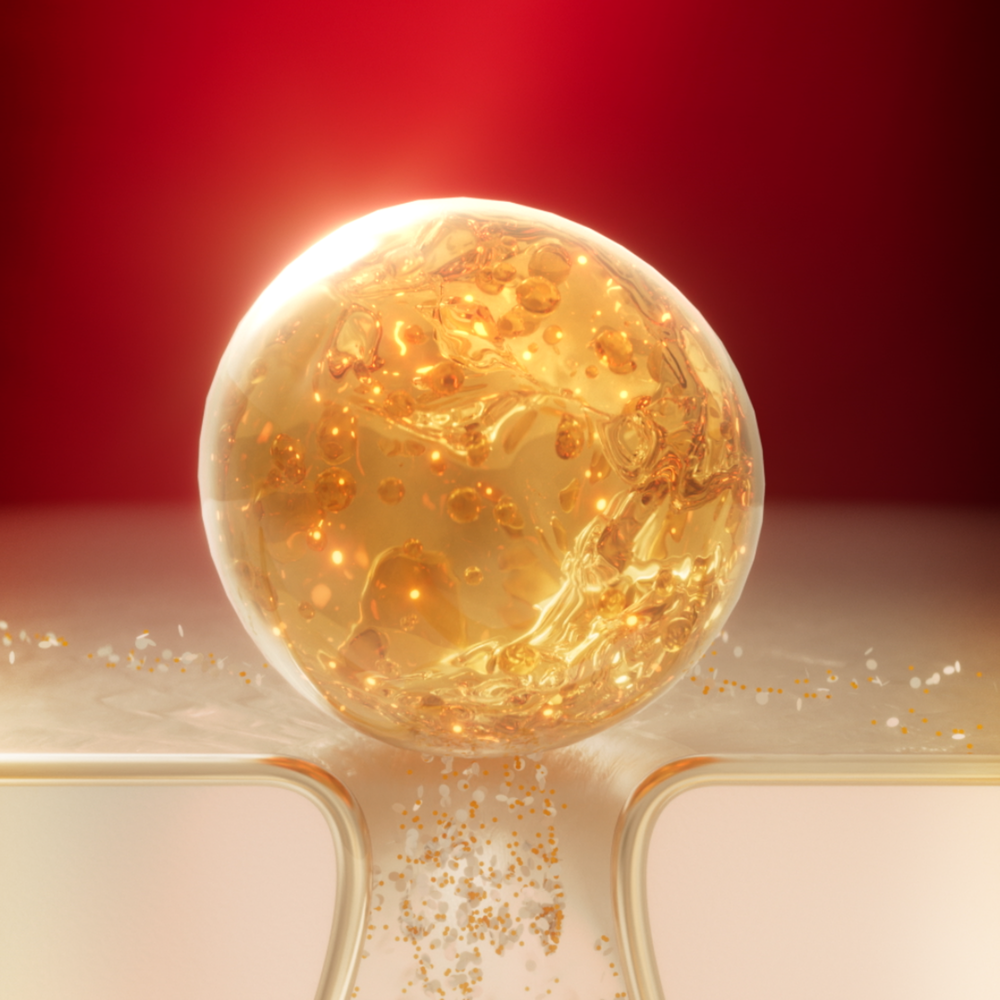 alt="Close-up of a luminous golden oil droplet sphere with swirling bubbles and golden particles, against a deep red background, visualising the Ultime8∞ serum-in-oil formula."